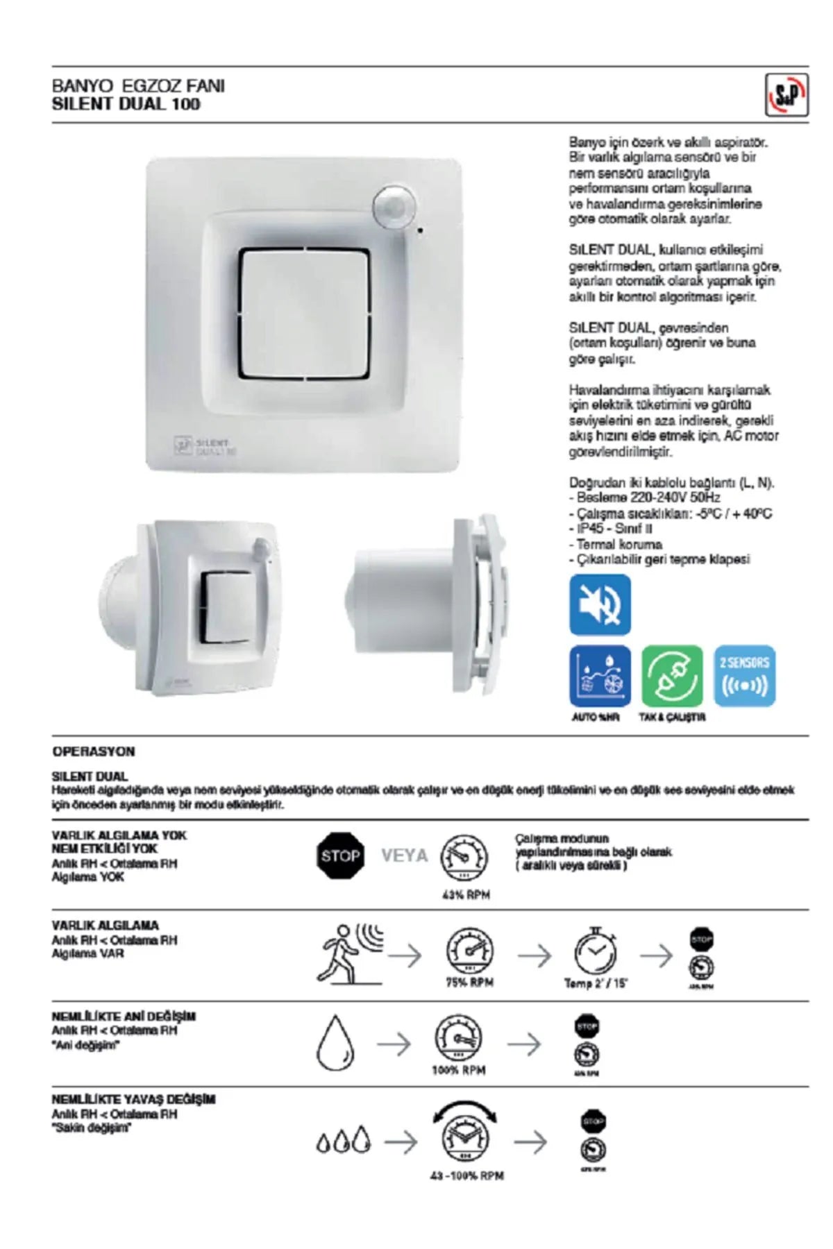 Soler&palau Soler Palau Silent Dual 200 Fan 146.5mm 170 Debi Nem Ve Hareket Sensörlü